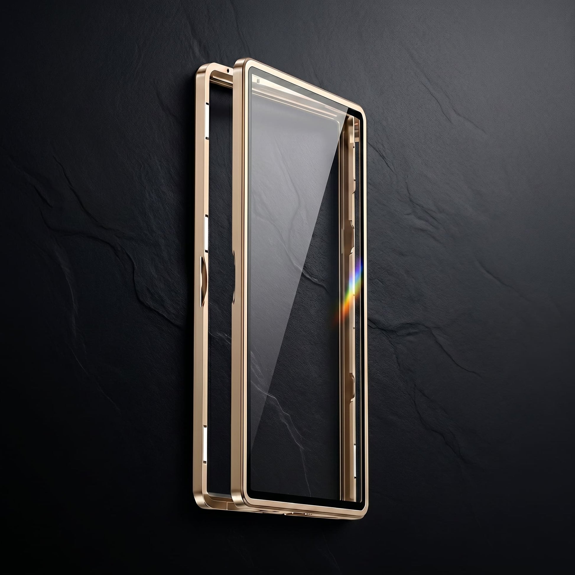 Profil ultra-fin et design minimaliste du boîtier de protection OBEX Vault en aluminium doré.