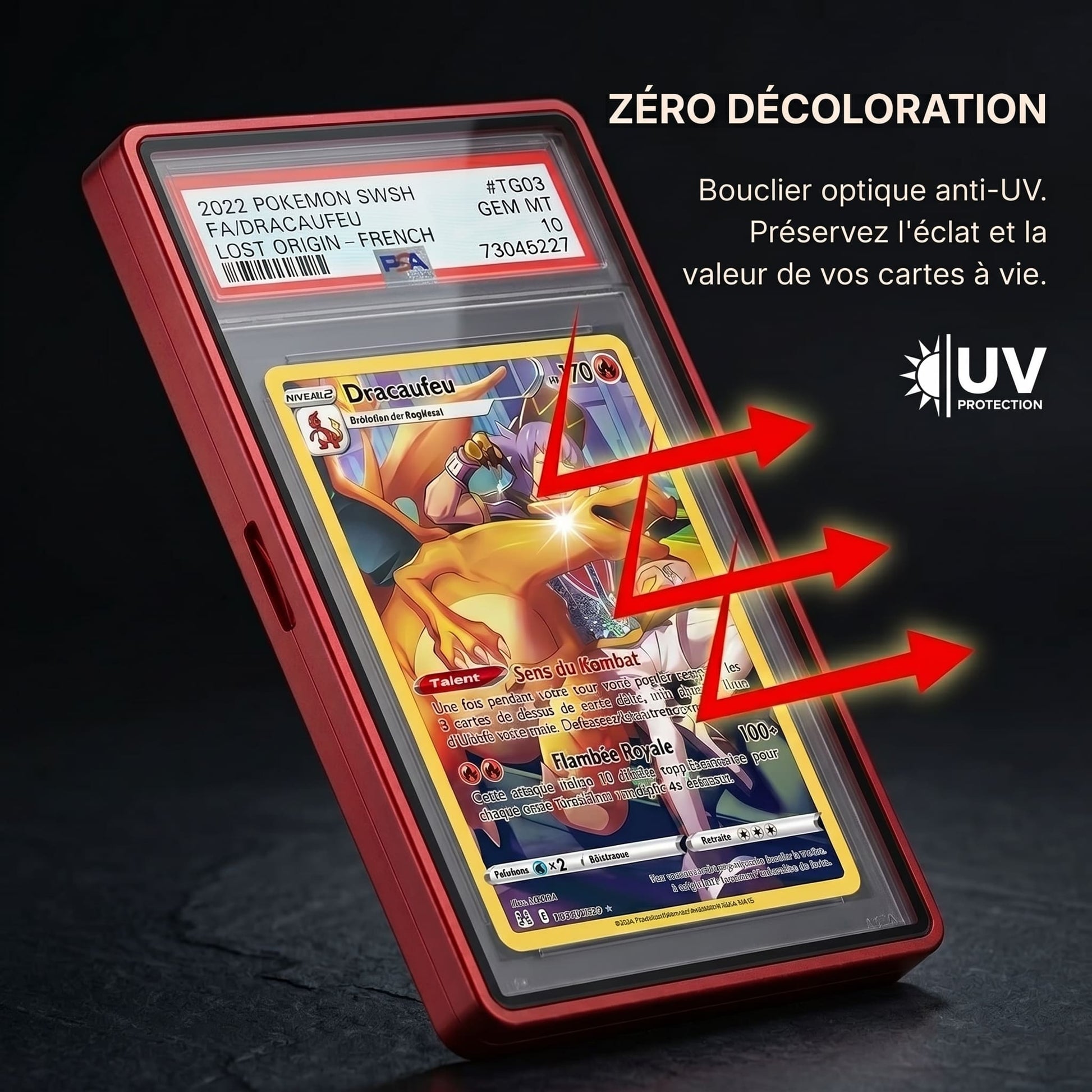 Démonstration du bouclier optique anti-UV double face OBEX Vault protégeant les cartes de collection contre la décoloration et les impacts.
