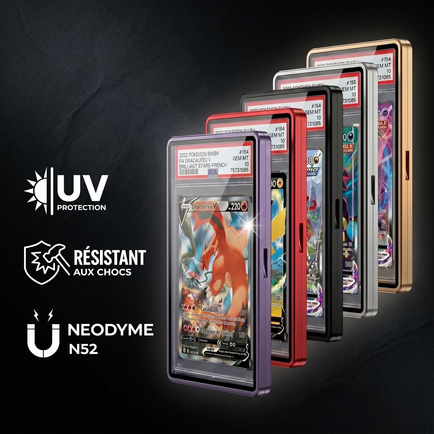 Collection complète de boîtiers magnétiques OBEX Vault pour l'affichage de cartes gradées haut de gamme.