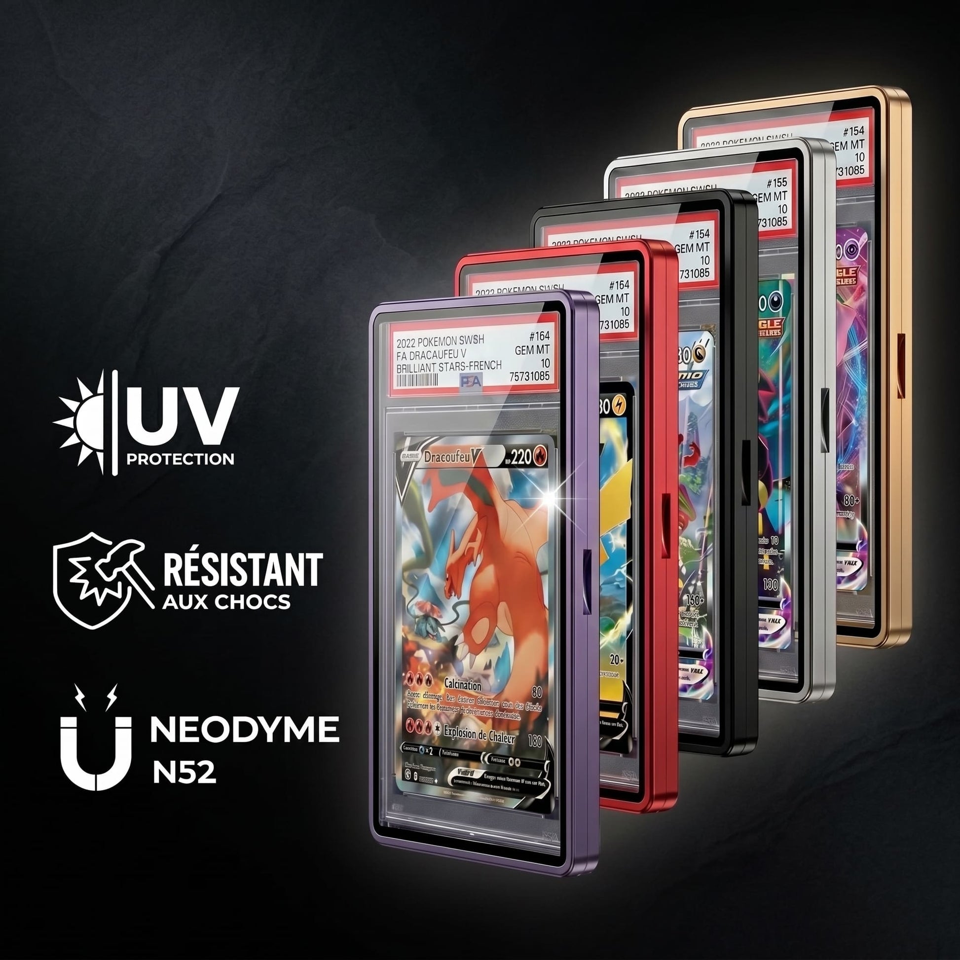 Collection complète de boîtiers magnétiques OBEX Vault pour l'affichage de cartes gradées haut de gamme.