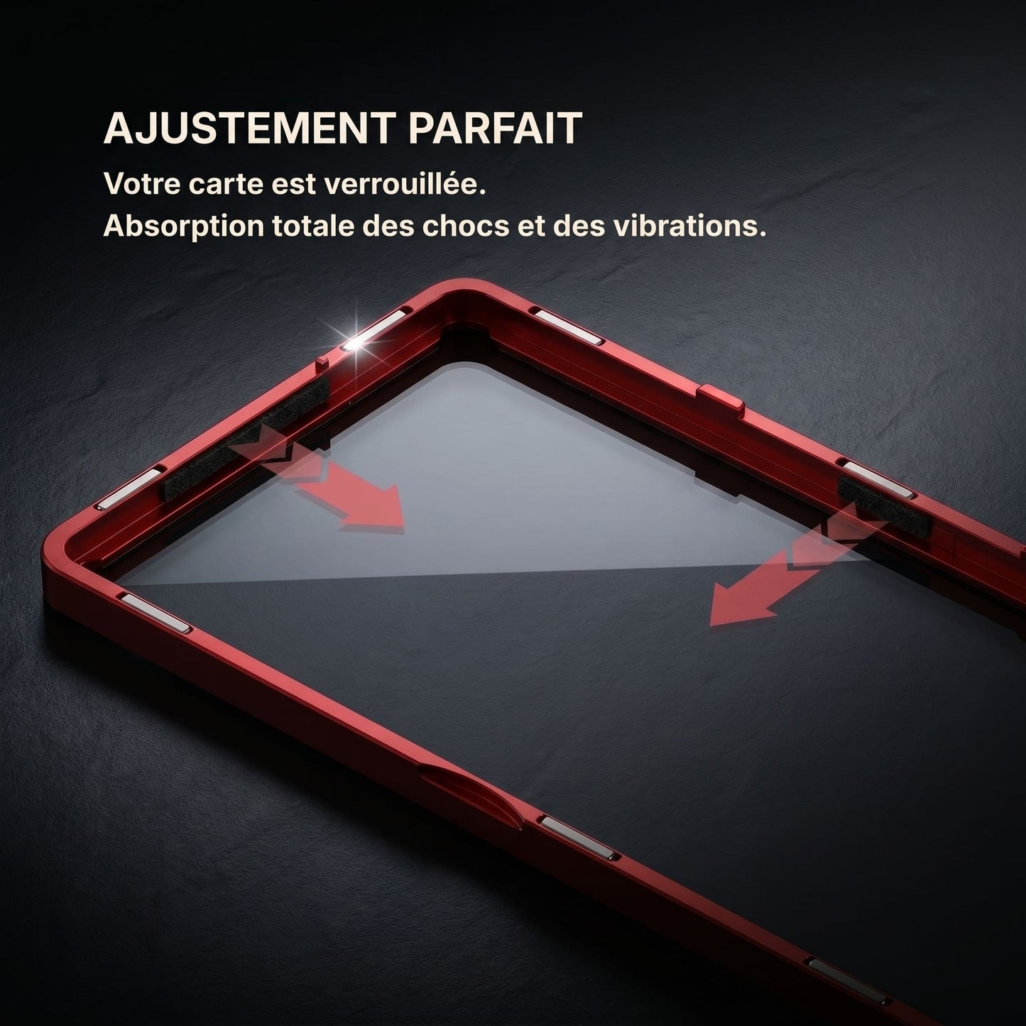 Focus sur le système de calage millimétré OBEX Vault empêchant tout glissement de la carte à l'intérieur du boîtier.