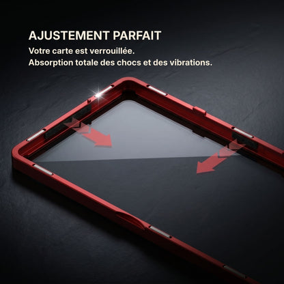 Focus sur le système de calage millimétré OBEX Vault empêchant tout glissement de la carte à l'intérieur du boîtier.