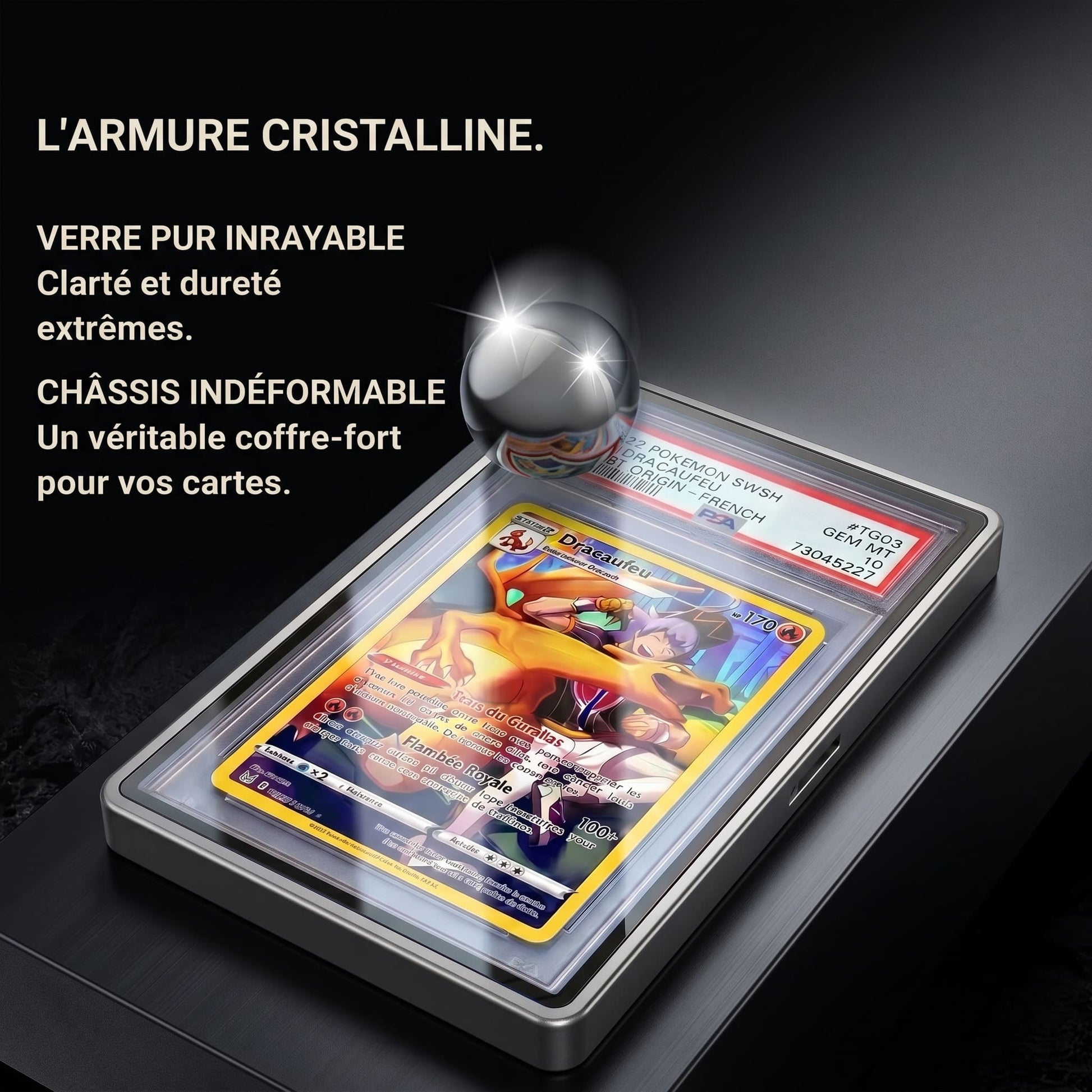 Vue technique du boîtier OBEX Vault ouvert, mettant en avant le système zéro mouvement et la protection anti-choc intégrée.